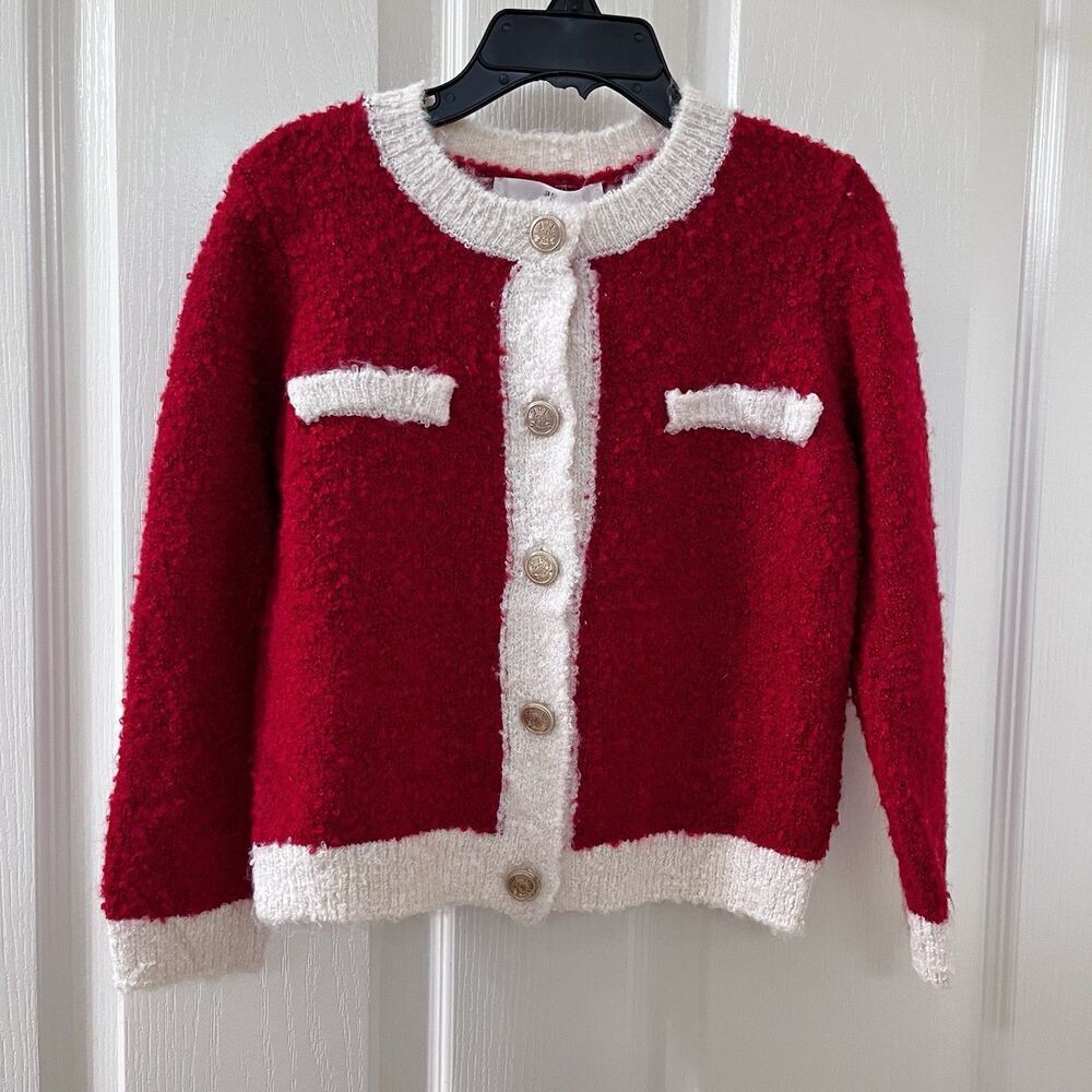 H&M Red and Cream Cardigan Sweater Gold Buttons Wool Blend Girls Size 3-4T NWT